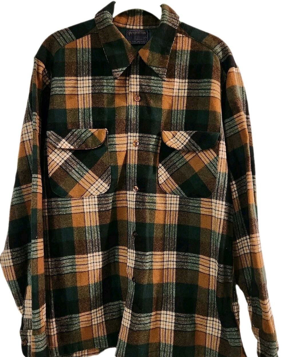 True Vintage Pendleton Board Shirt Surf Green Plaid Wool Flannel Loop CollarUSA1